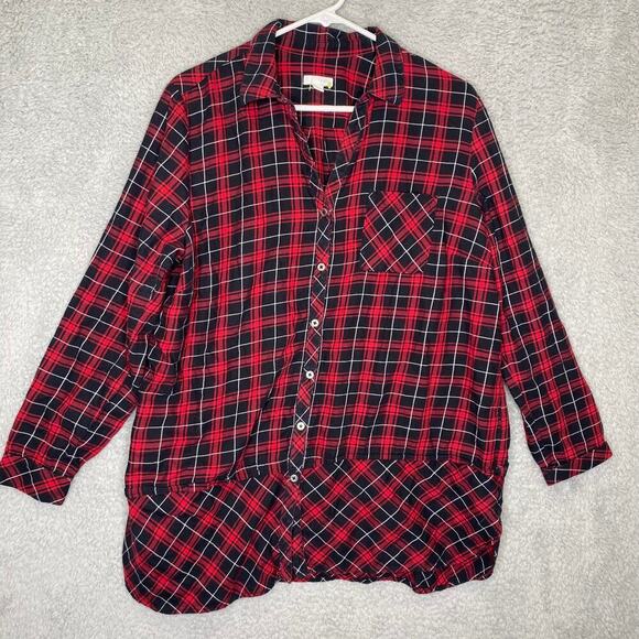 J Jill womens L red plaid long sleeve button up flsnnel drop waist fall tunic - Picture 1 of 8